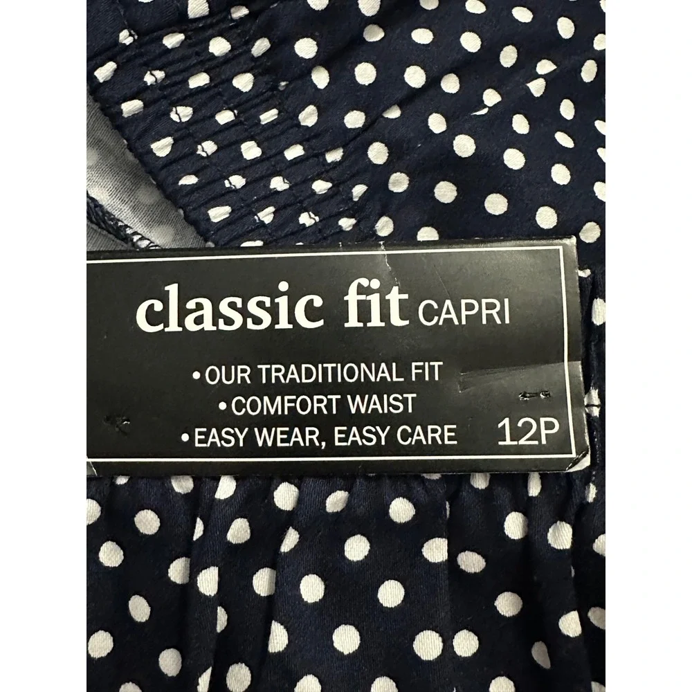 Alfred Dunner Petite Navy Blue Polka Dot 2 Piece Set Top & Capri Pants PL 12P